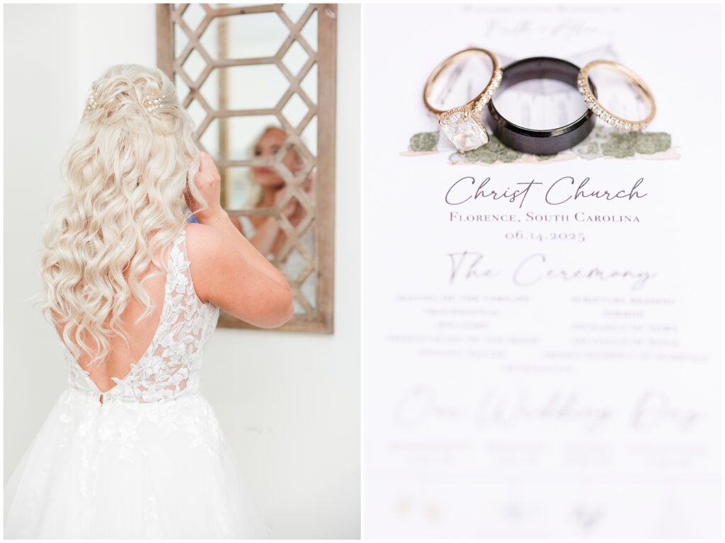 Bride putting on earrings in front of mirror