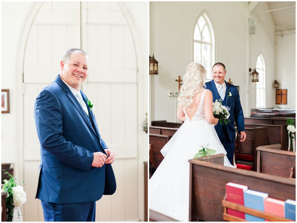 Candid moment of groom laughing with groomsmen
first look on wedding day