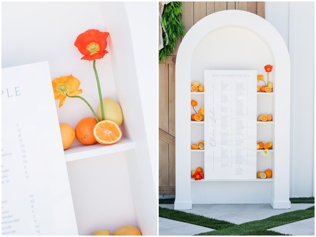 Bright citrus-themed wedding table with oranges, greenery, and white florals at weddings at Wildberry Farm