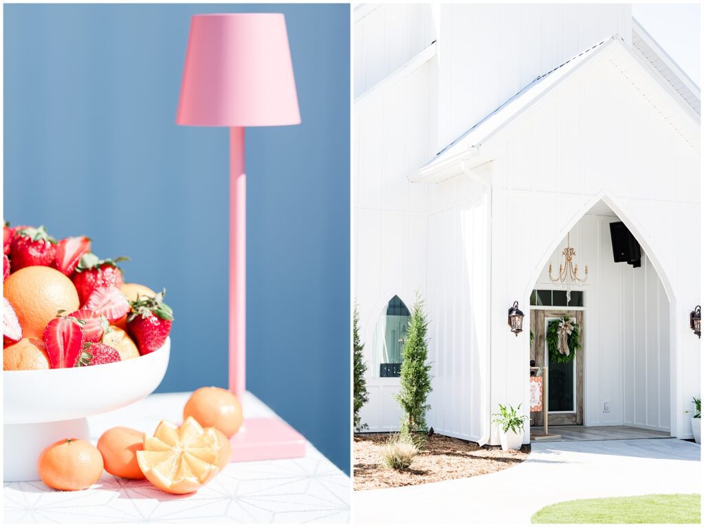 Bright citrus-themed wedding table with oranges, greenery, and white florals at Wildberry Farm