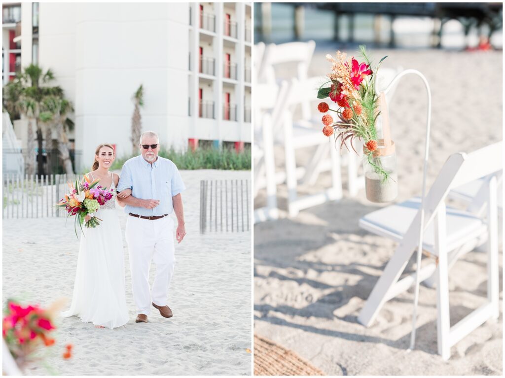 Beach wedding setup with florals and ocean backdrop