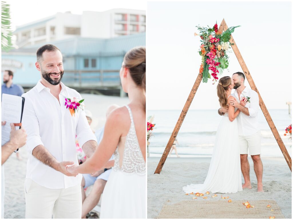 Myrtle Beach Bride and groom holding hands during Myrtle Beach beach ceremony