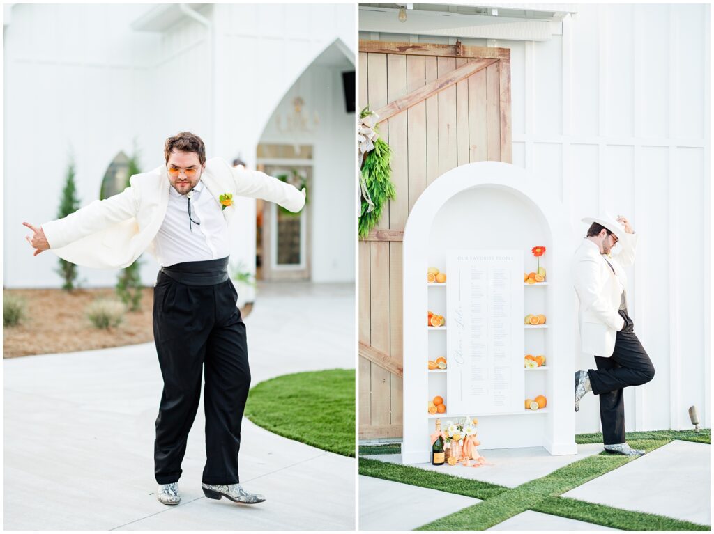 Groom standing in front of citrus-themed wedding backdrop at Wildberry Farm