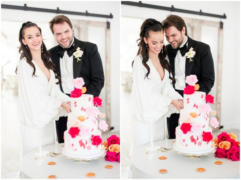 Bride and groom cutting citrus-inspired wedding cake at Wildberry Farm