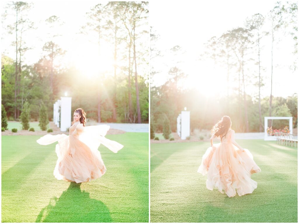 Golden glow surrounding bride at sunset during Wildberry Farm wedding
