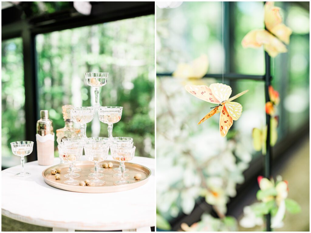 Butterflies flying over floral aisle at outdoor garden ceremony