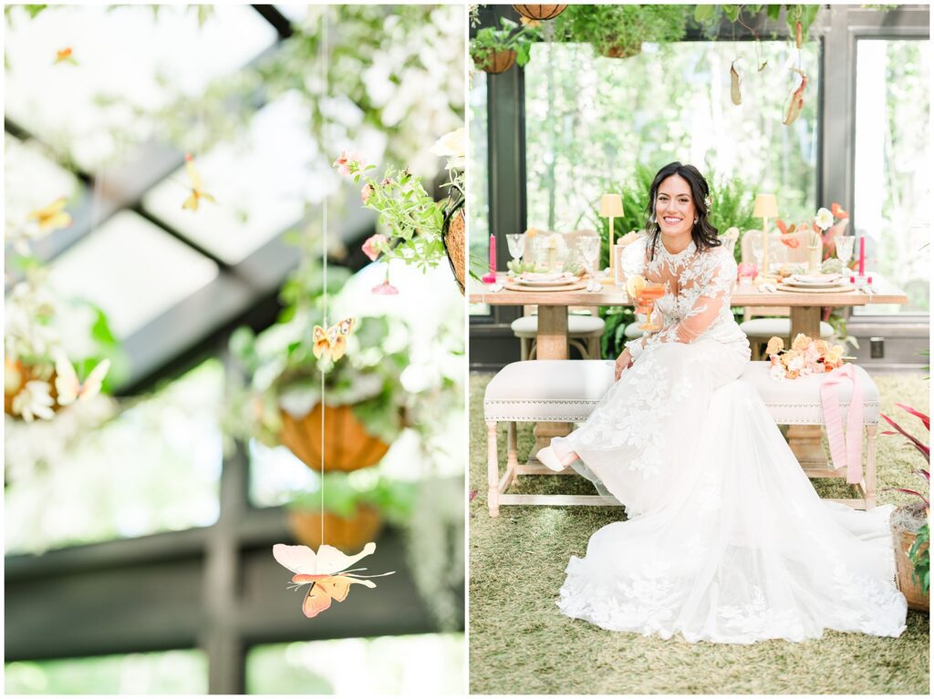 Butterflies flying over floral aisle at outdoor garden ceremony
