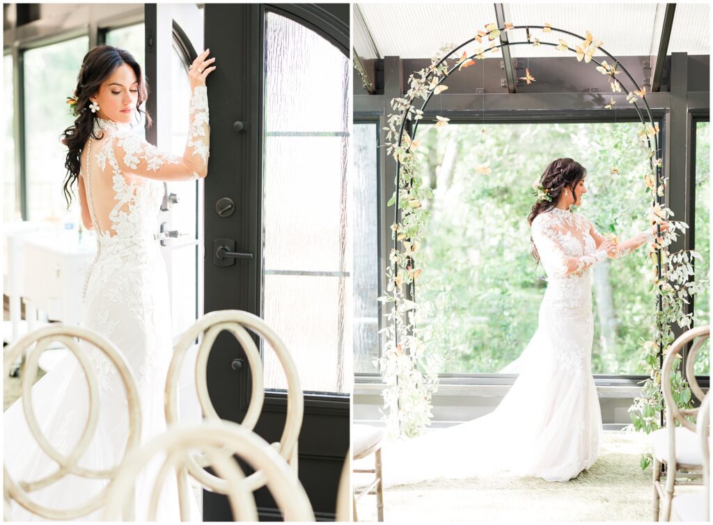 Butterflies flying over floral aisle at outdoor garden ceremony
