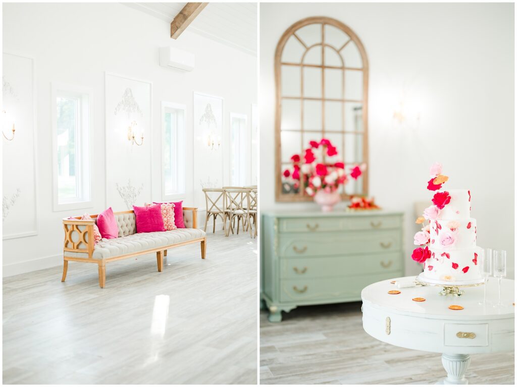 Bride and groom cutting citrus-inspired wedding cake at Wildberry Farm