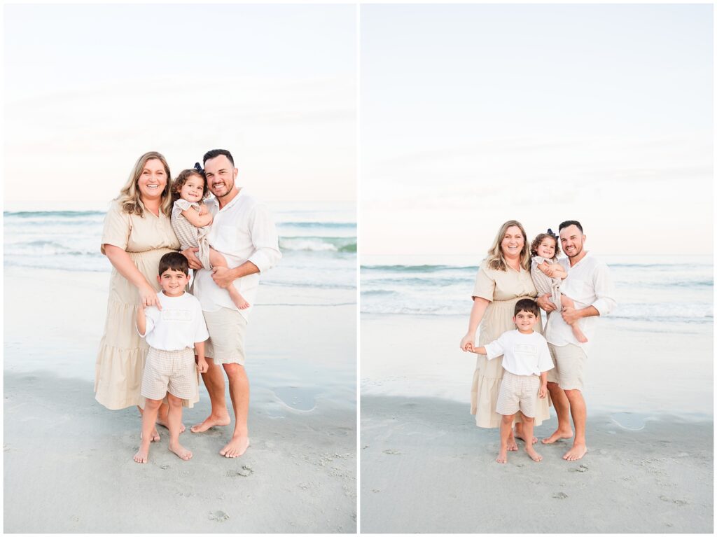 Family of four posing for photos on the beach 