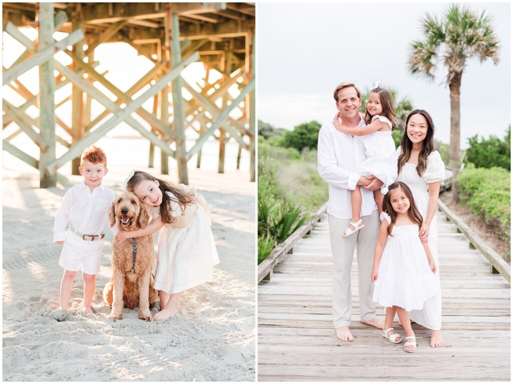What to Wear for Your Beach Photoshoot - family posing with dog on beach 