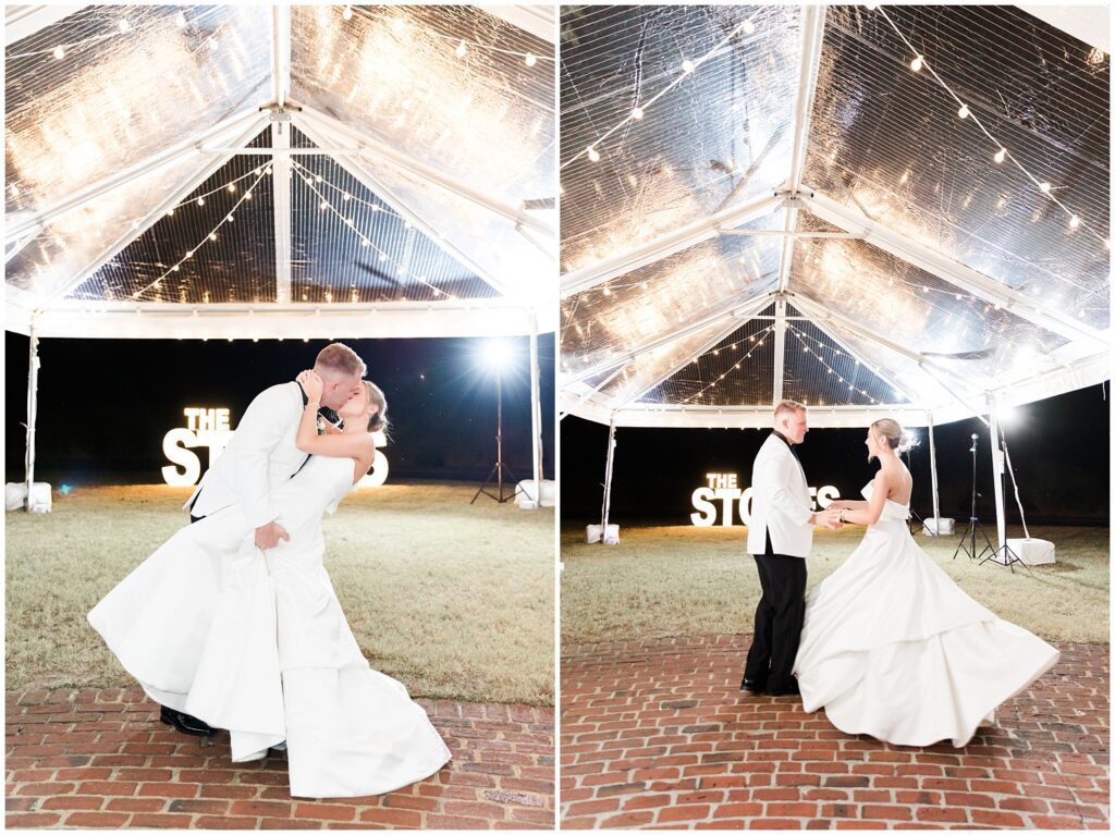Bride and groom dancing surrounded by friends and family at southern wedding