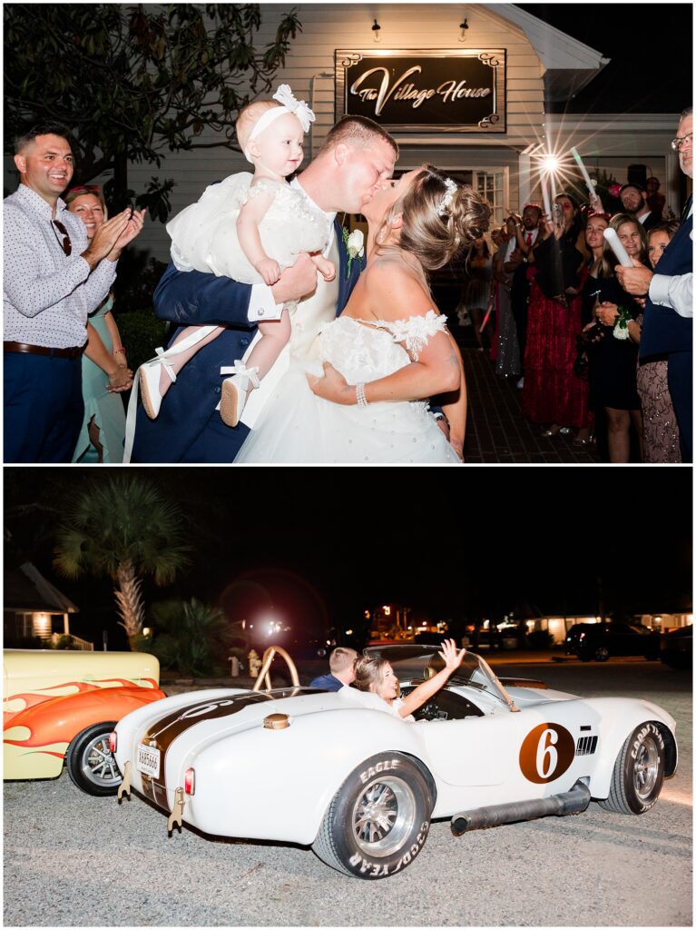 couple leaving wedding in get a way car, Pawleys Island photography