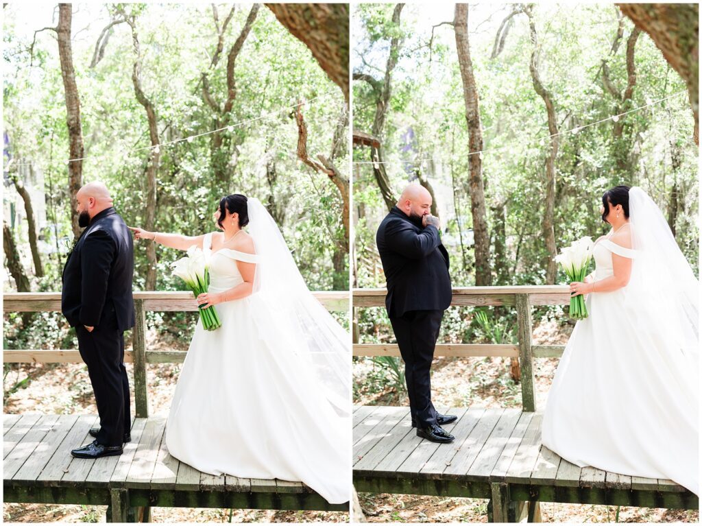 First look with bride and groom 
 Pawleys Island Wedding Photographer | Chapel + Pelican Inn Wedding