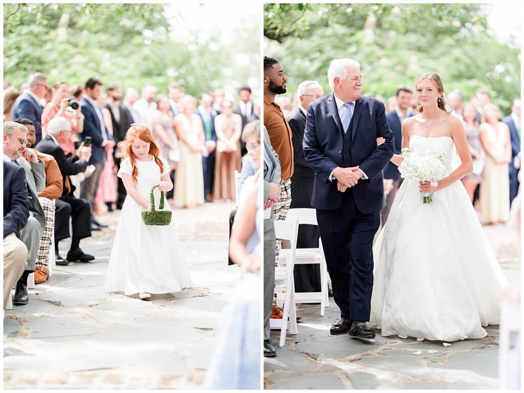 Father walking the bride down aisle on wedding day - outside ceremony
