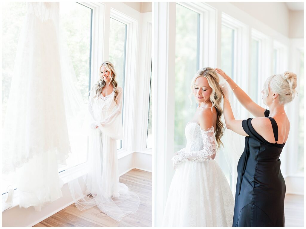 Bride getting ready with her bridesmaids at Le Petit Fox Farm in Conway, SC
