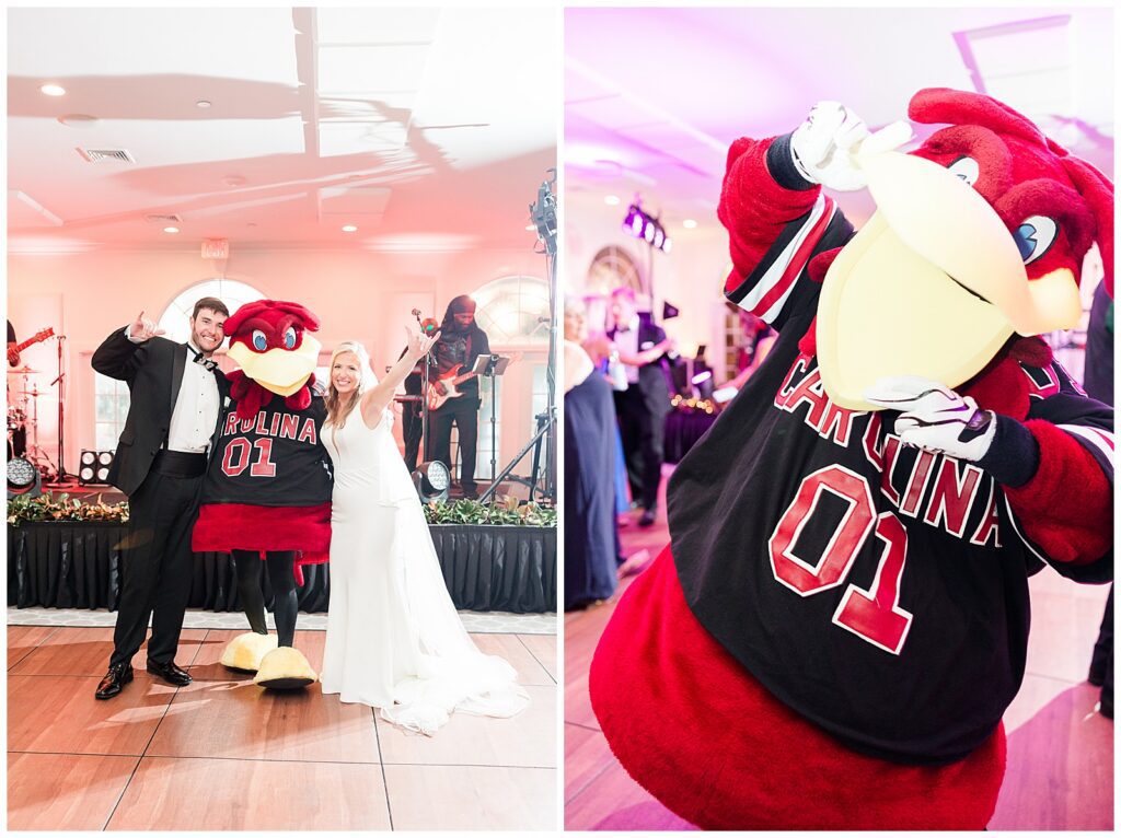 Cocky the USC Gamecocks mascot dancing at Wachesaw Plantation wedding reception